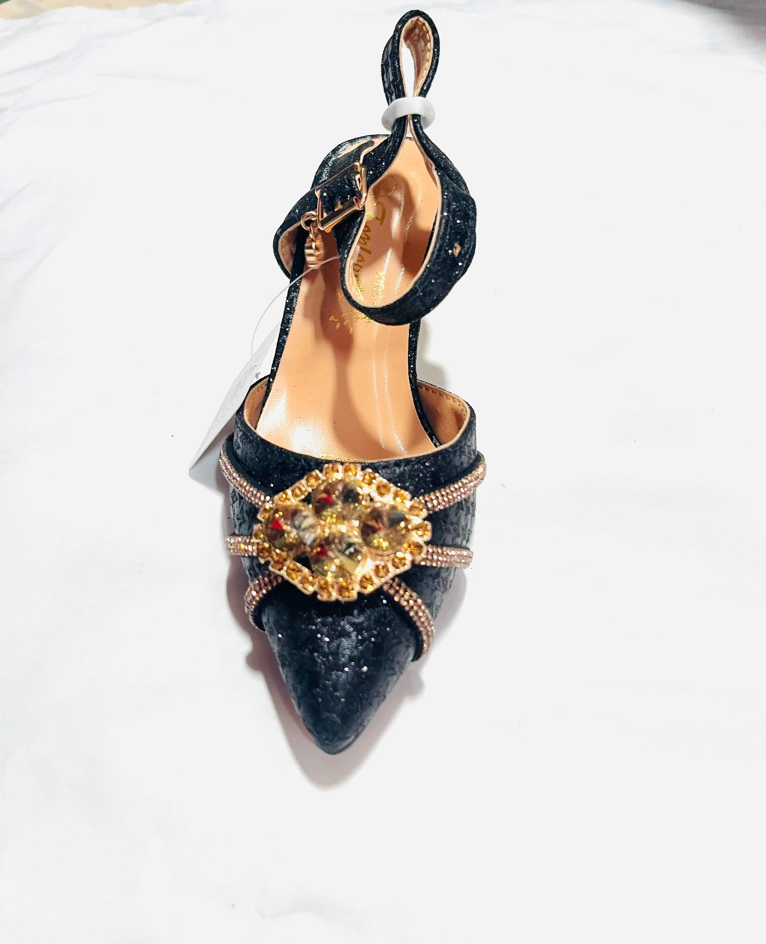 Girls' Black Glitter Pointed-Toe Heeled Sandal with Gold Gemstone Brooch