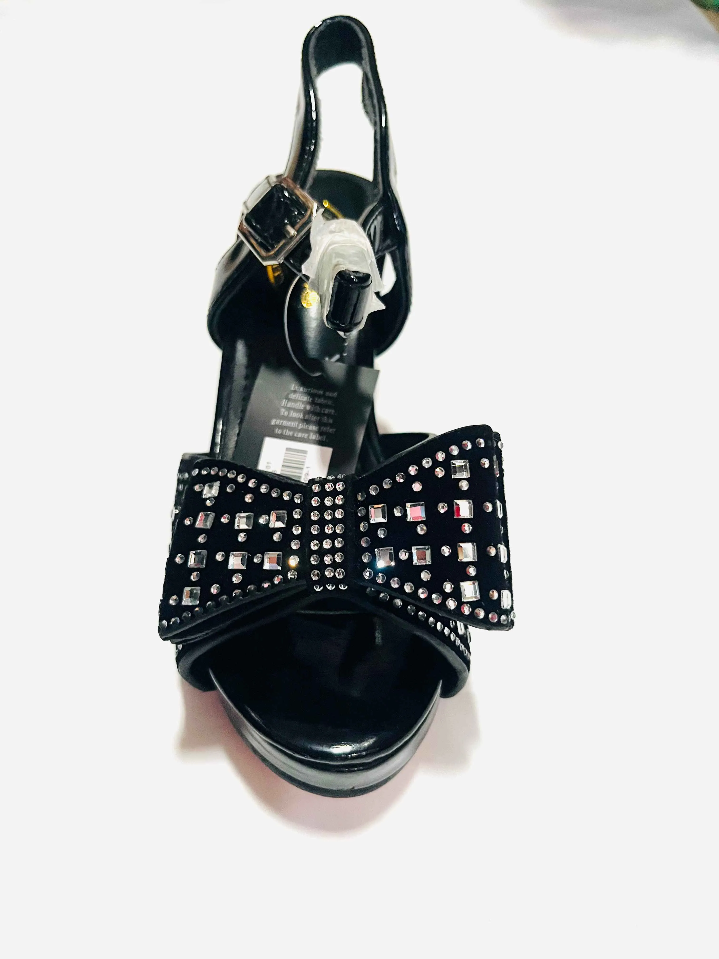 Girls' Black Patent Platform Sandal with Rhinestone Bow