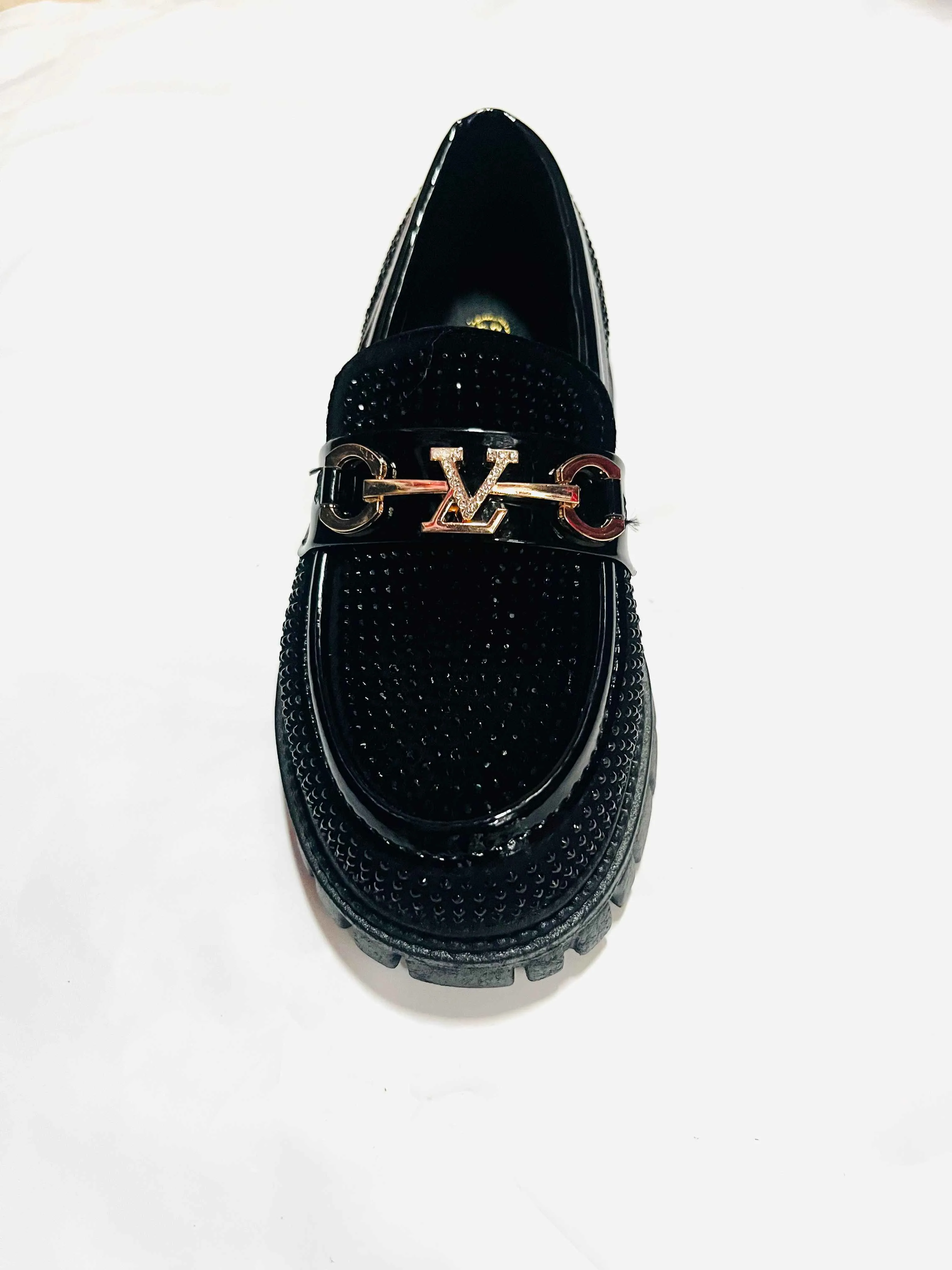 Boys'/Girls' Black Rhinestone Loafer with Gold "LV-Style''