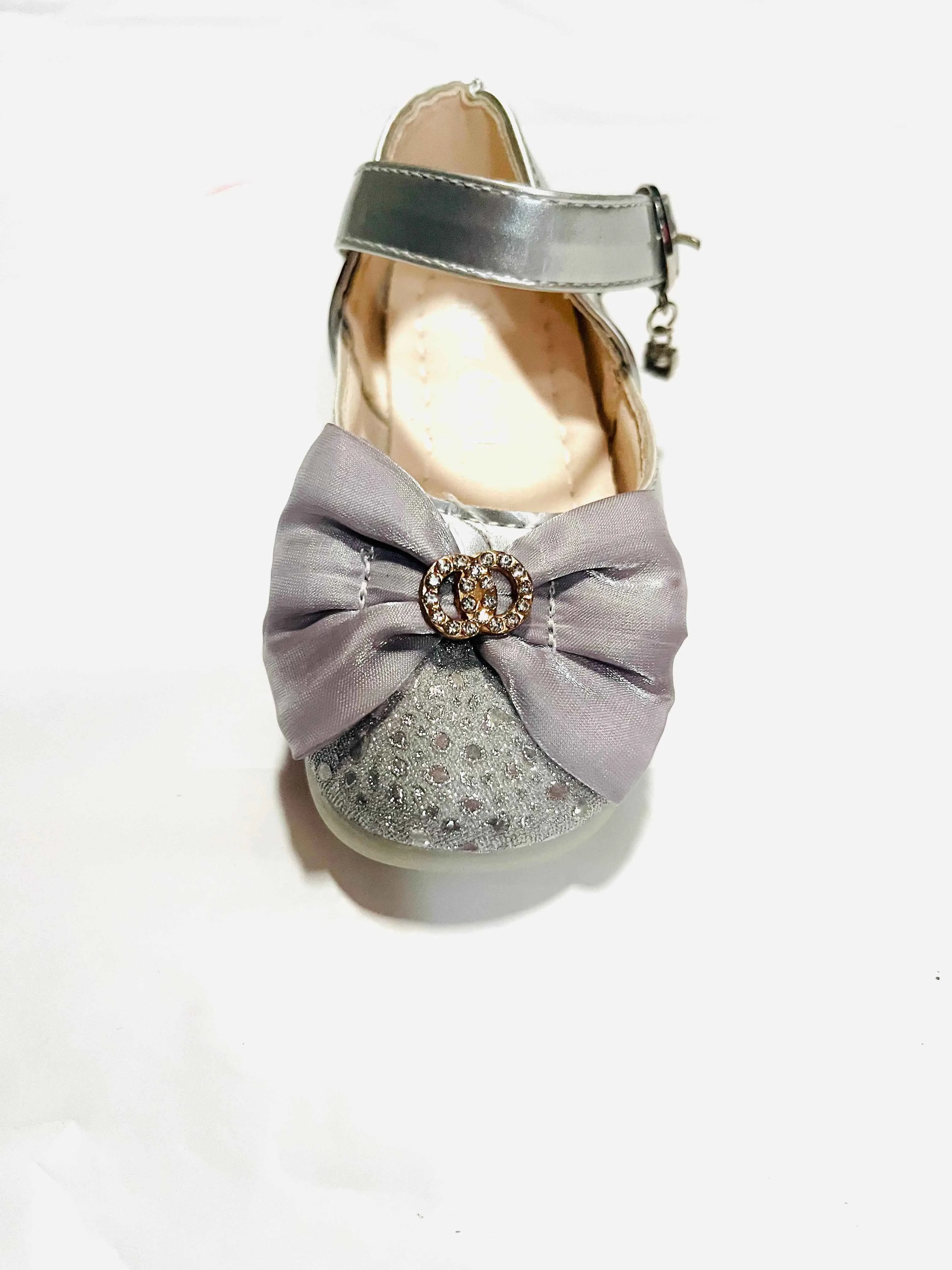 Girls' Silver Glitter Mary Jane with Satin Bow & Gold Logo Brooch