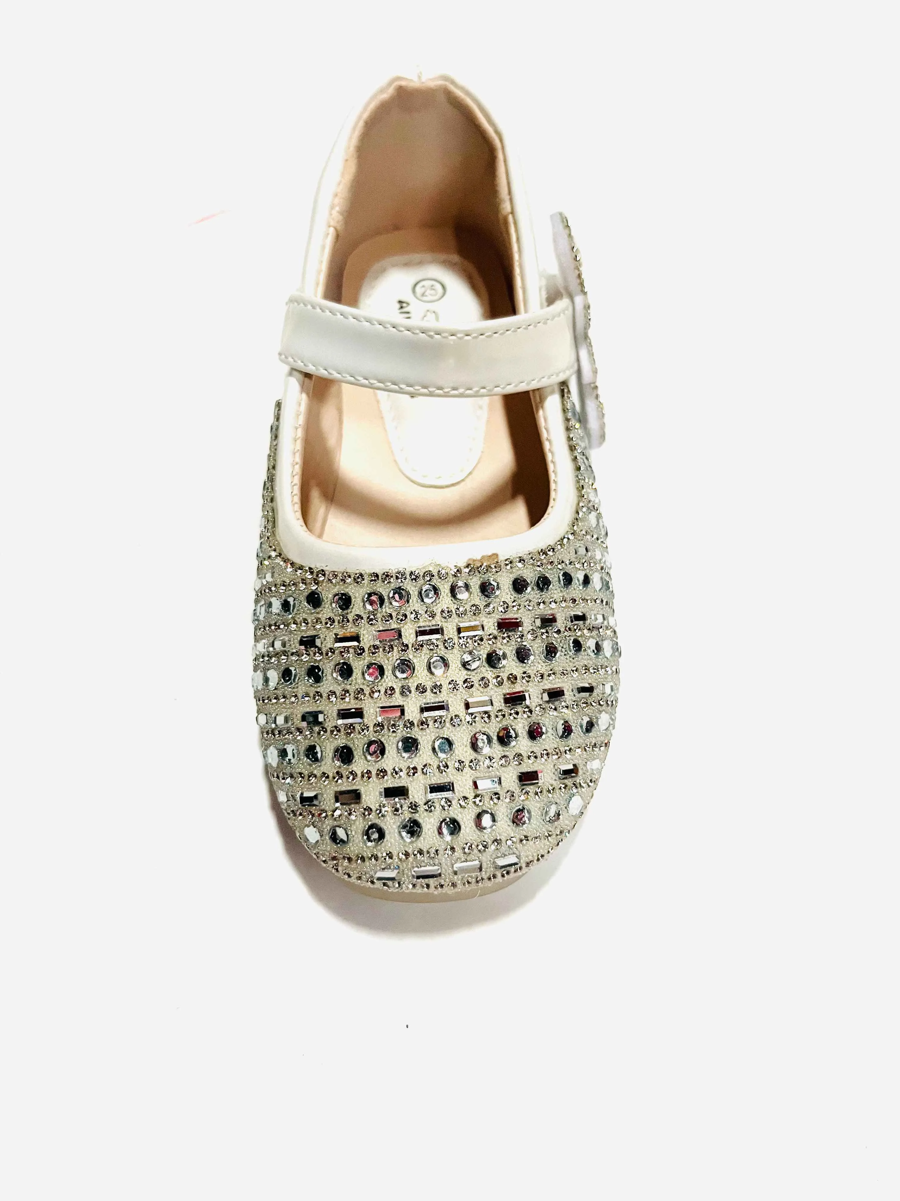Girls' White/Cream Multi-Rhinestone Mary Jane Flat