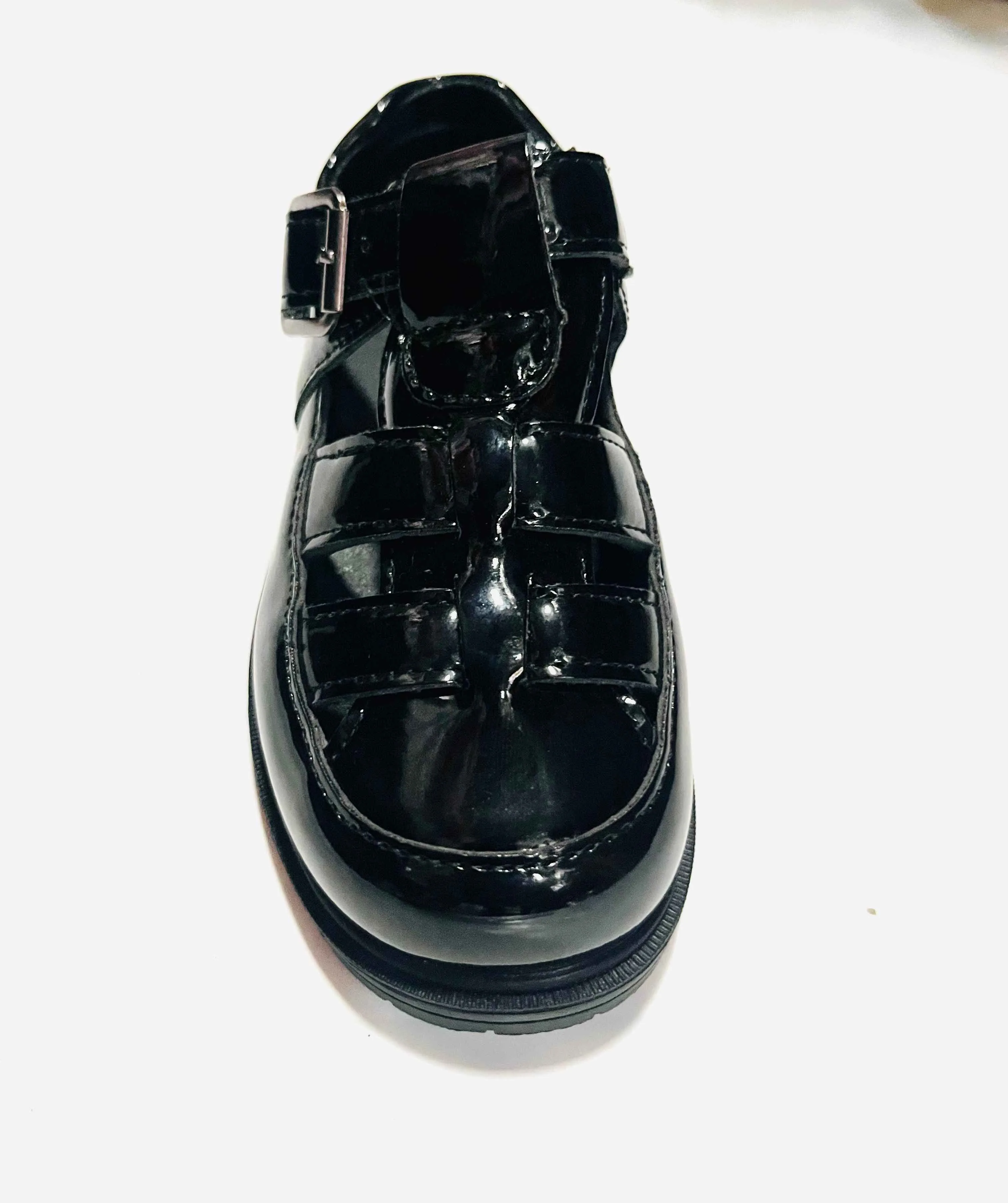 Black patent cage sandal with buckle