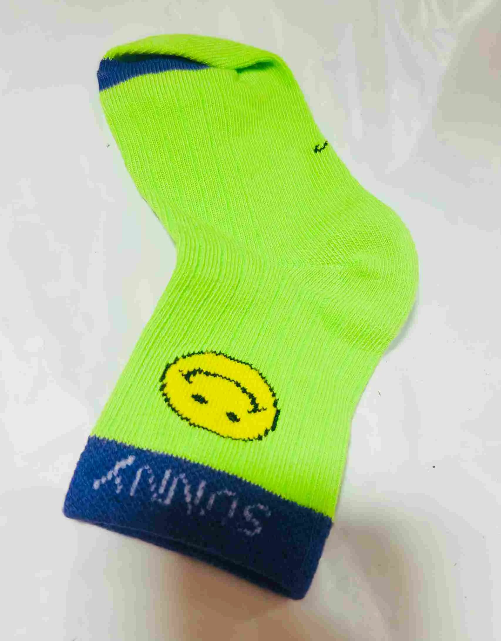 Neon green & blue smiley socks