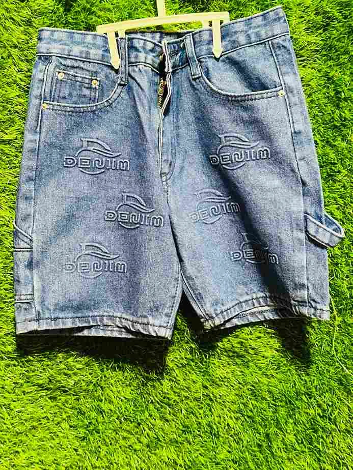 Kids' "DENIM" all-over logo print denim short