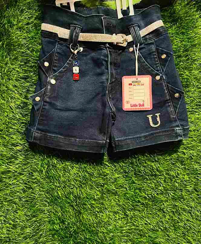 Girls' dark navy denim shorts with gold studs + rhinestone belt