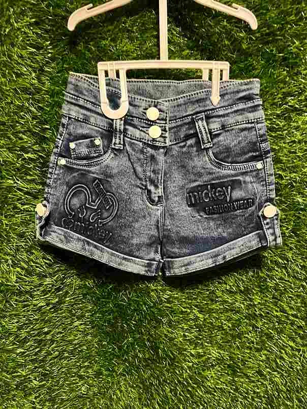 Girls' dark wash denim shorts with Mickey Fashion Wear embossed print & gold buttons