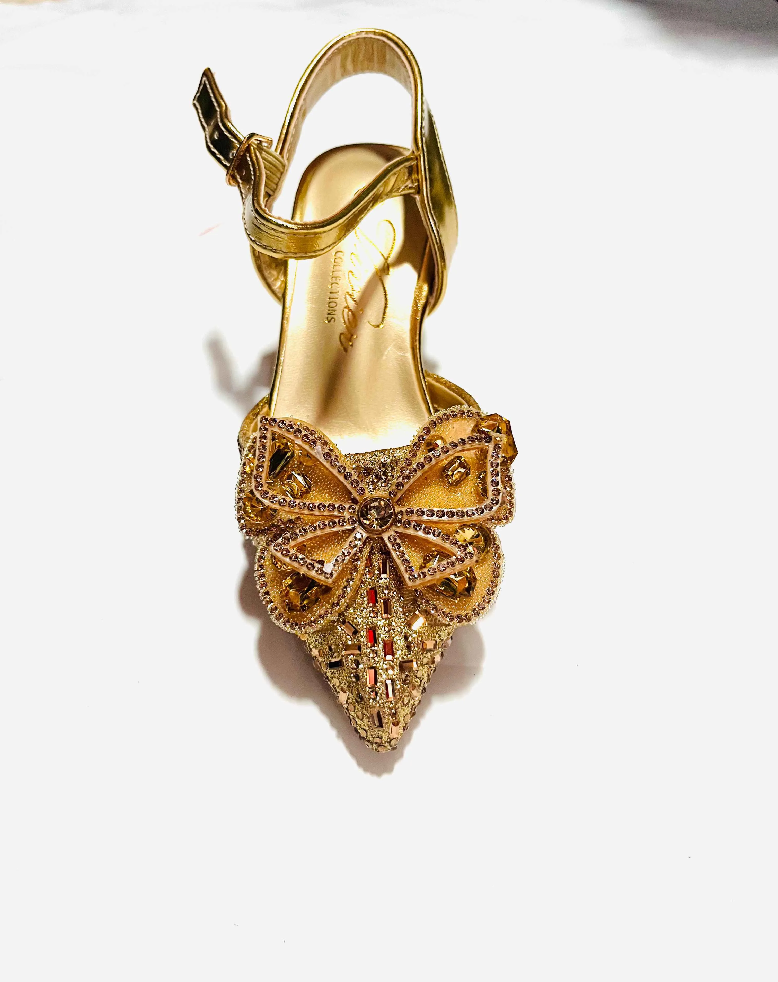 Girls' Gold Crystal Butterfly Bow Pointed-Toe Heeled Sandal
