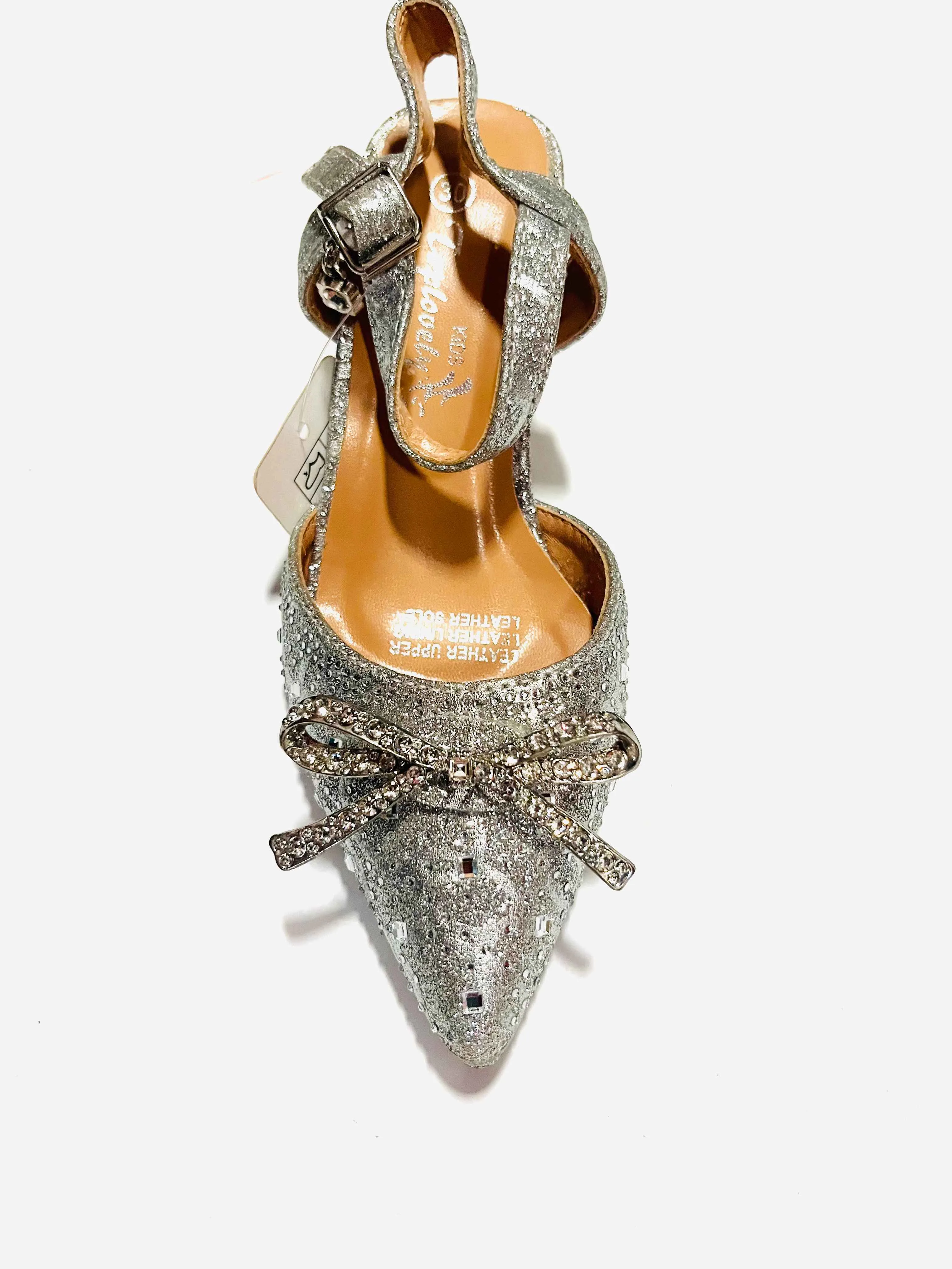 Girls' Silver Glitter Pointed-Toe Heeled Sandal with Crystal Bow